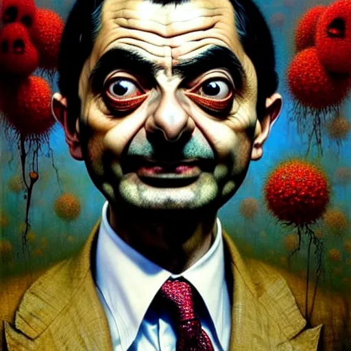 Prompt: uhd photorealistic portrait of mr. bean made of beans, by ayami kojima, yoshitaka amano, esao andrews, karol bak, mark brooks, tonalism, rich deep colors. beksinski painting, art by adrian ghenie and gerhard richter. art by takato yamamoto. masterpiece