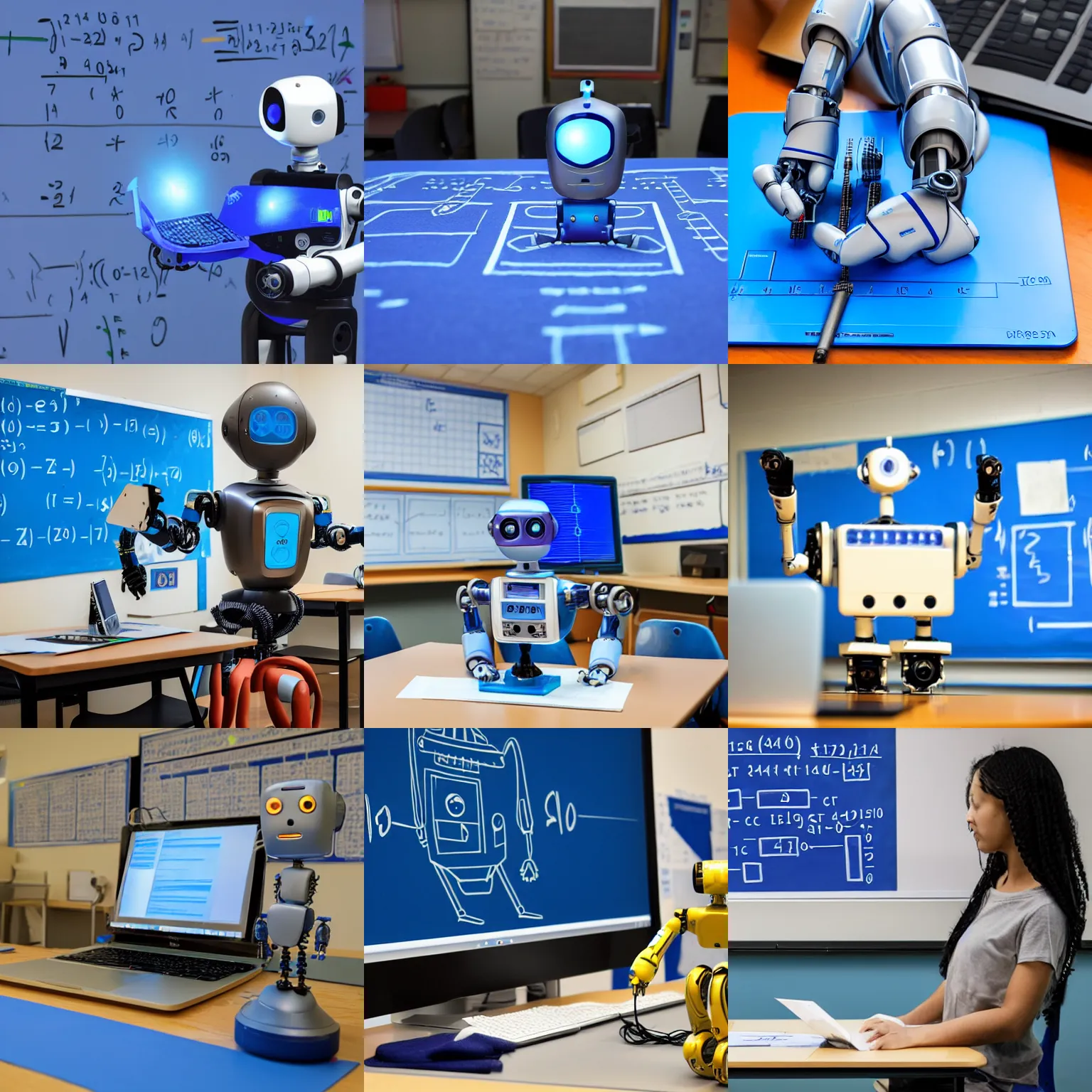Prompt: A robot solving differential equations on a blue board in a classroom, photograph