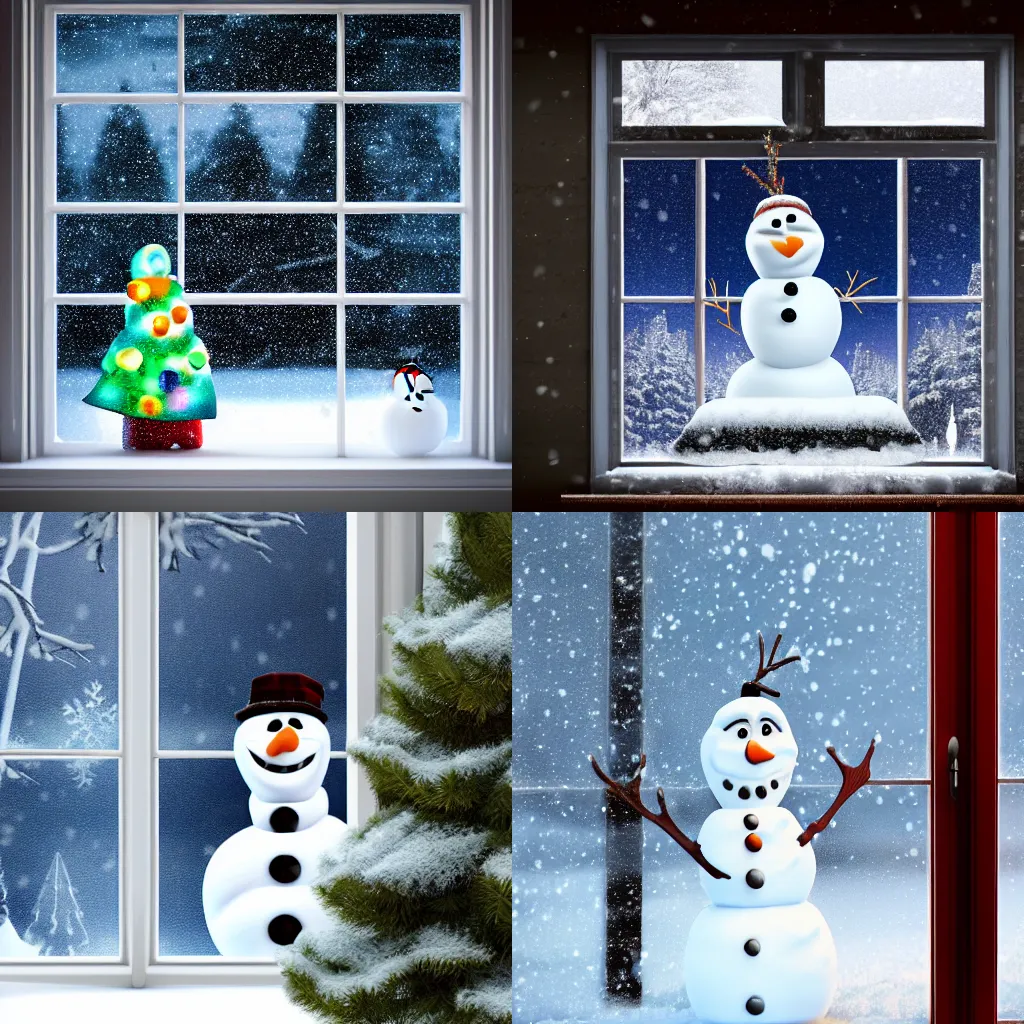 Prompt: frozen window in the snow, christmass tree and snowman in the background, 8k, render quality