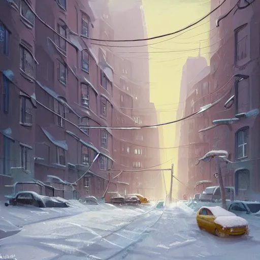 Prompt: a snow covered street with buildings and power lines, concept art by Simon Stålenhag, cgsociety, plein air, concept art, artstation hq, matte drawing