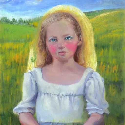 Image similar to young blonde pioneer girl in a meadow, portrait, oil