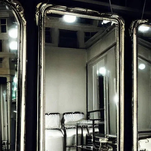 Prompt: a mirror room, full of mirrors, dark, small glimpse of a moon light