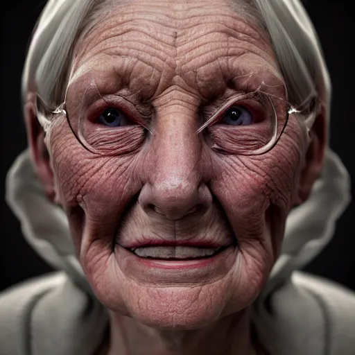 Prompt: very old woman portrait, no teeths, many wrinkles, 8 k, photorealistic, octane render, award winning photography, lovecraft style, horror atmosphere, cinematic, hyper realism,