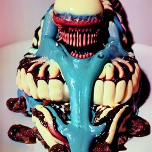 Prompt: a vanilla colorful ice cream cake with the baby xenomorph by HR Giger coming out of it. Production photo from sci-Fi movie.