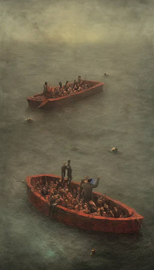 Prompt: man on boat crossing a body of water in hell with creatures in the water, sea of souls, by dan witz