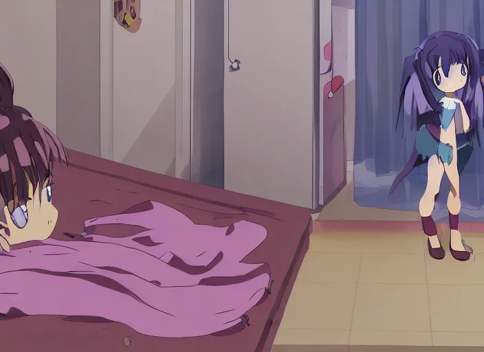 Image similar to anime screenshot pattern, an untidy room with laundry on the floor. original cute girl doing cute things / iyashike / slice life gainax 4 k ultrahd award winning