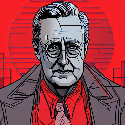 Image similar to cyberpunk franklin delano roosevelt as the leader of a futuristic communist nation, cybernetics, sharp lines, digital, artstation, colored in