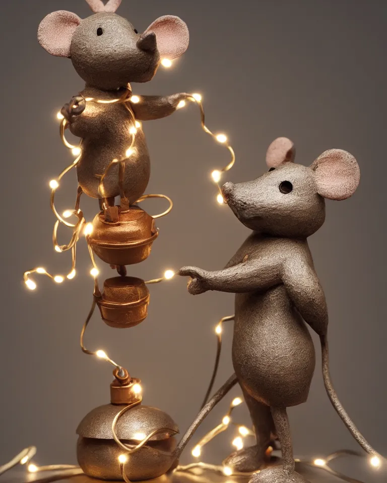 Image similar to a statue of a proud mouse standing on two legs and holding a round bell made of christmas lights and wire, trending on artstation, sigma 5 0, hyper realisitic