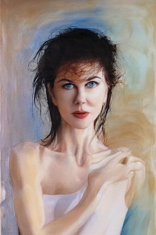 Prompt: 23 year old nicole kidman , loose messy hair , thoughtful eyes, wearing a thin white skimpy cotton camisole, pale skin, poised beautiful body, symmetrical face, zen aesthetic, interior design, amber and blue color scheme, sophisticated, pensive, contemplation, meditation, aloof, ethereal, oil painted canvas, loose brush strokes, Whistler painting