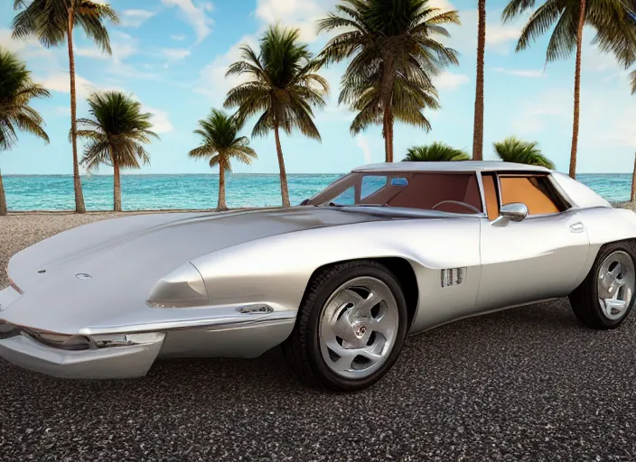 Image similar to hyperrealism, detailed textures, photorealistic 3 d render, a dreamy beach in cuba, a 1 9 9 0 coervette stingray with a blazing pearl white colour scheme, mickey thompson tires, centrerline rims, sharp focus, ultra realistic, ultra high pixel detail, cinematic, intricate, cinematic light, concept art, illustration, art station, unreal engine 8 k