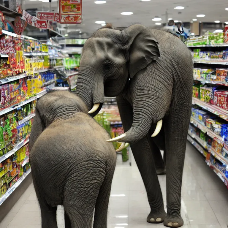 Prompt: An elephant waiting in line at the supermarket