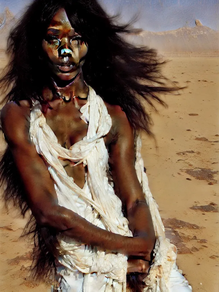 Image similar to Portrait of Naomi Campbell in the Libyan desert, white skirt and barechest, intricate, elegant, highly detailed, artstation, concept art, intricate, highly detailed, sharp focus, ruan jia, jurgens, orientalism, bouguereau