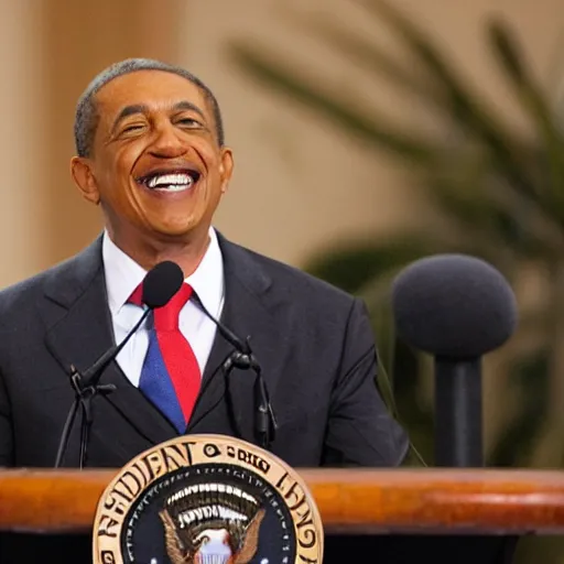 Image similar to photo of a president with clown face giving a speech in television