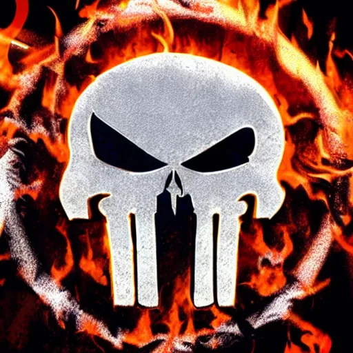 Prompt: punisher logo detailed on fire background epic artwork stylized coherent symmetrical tactical gear