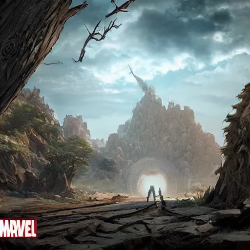 Image similar to marvel comic book scene of an epic adventure through time, cinematic, realistic, beautiful scenery, matte painting, highly detailed, octane render, unreal engine, volumetric lighting