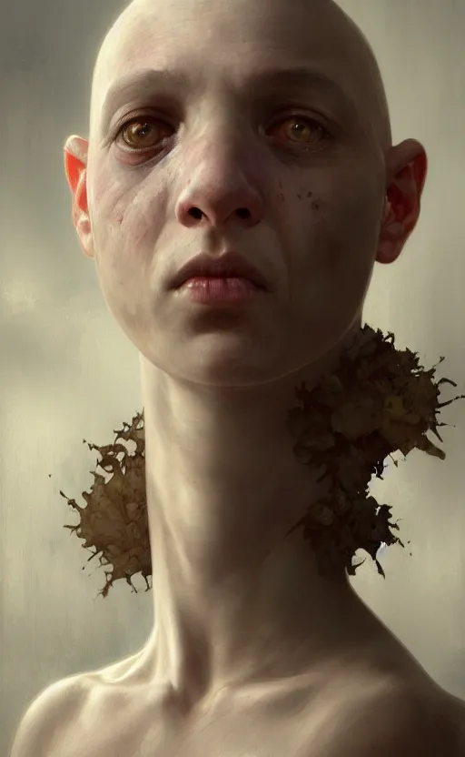 Image similar to a detailed portrait of a weird looking sick human child, white skin, bald, white eyes, black background, concept art, deep focus, intricate, highly detailed, digital painting, artstation, matte, sharp focus, illustration, art by greg rutkowski and alphonse mucha