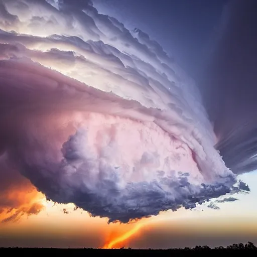 Prompt: fantastic shot of a mature supercell thunderstorm, illuminated at varying heights by the setting sun. dslr