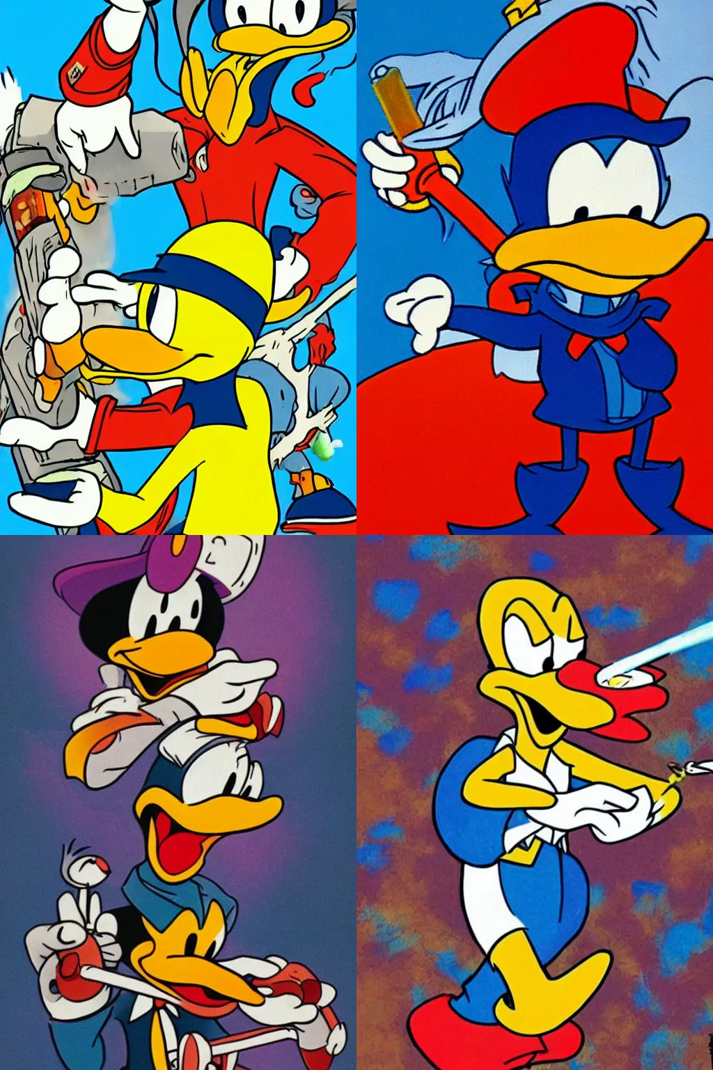 Prompt: donald duck smoking joint, postpunk, cartoon, epic, cinematic, colorfull, trippy