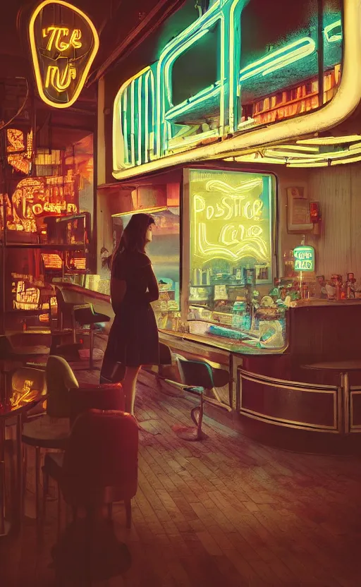 Image similar to vertical movie frame portrait of girl in 5 0's retro restaurant interior, neon - decorated urban on night in the city seen through the window, modern interior design, architectural design, vintage, night blade runner, dark, postapocalyptic, clean lines, 4 k, octane, asian futuristic city at distance, big windows, octane, wide angle