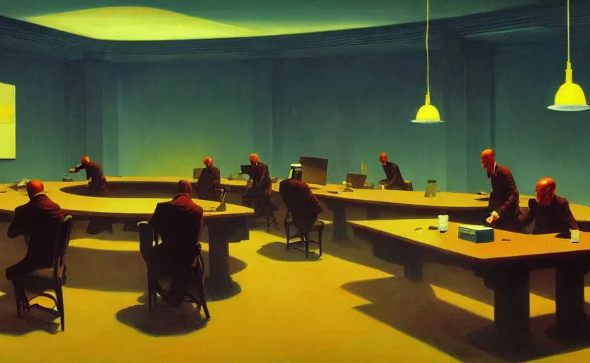 Prompt: Inside a Nuclear war room, very coherent, painted by Edward Hopper, Wayne Barlowe, painted by James Gilleard, airbrush, art by James and Jean Ross Tran
