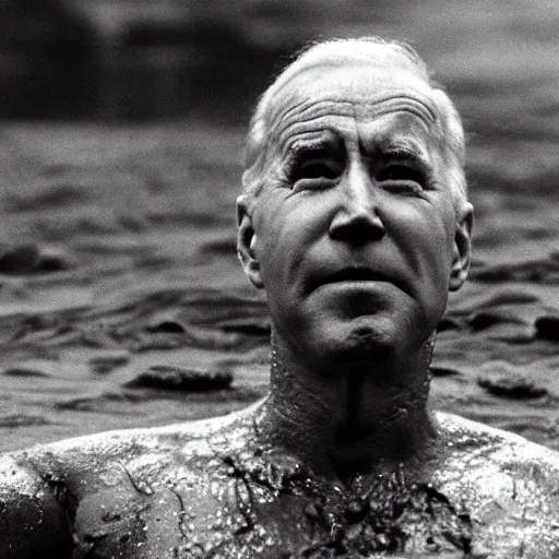 Image similar to film still, close up, joe biden rising out of muddy vietnam river, face covered in mud, low camera angle at water level, film still from apocalypse now ( 1 9 7 9 ), 2 6 mm,