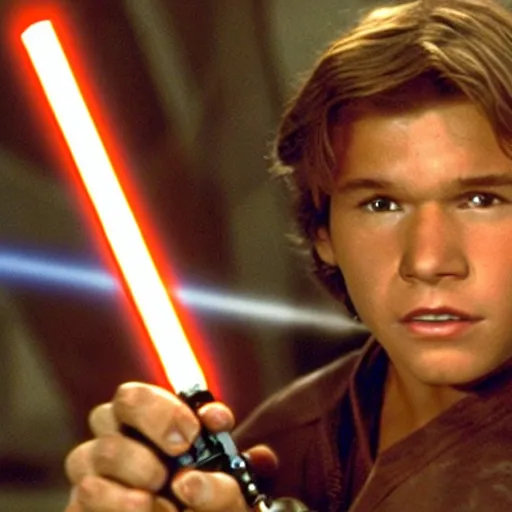 Prompt: A full color still from a film of a teenage Han Solo as a Jedi padawan holding a lightsaber hilt, from The Phantom Menace, directed by Steven Spielberg, 35mm 1990