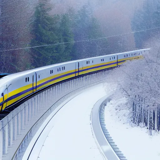 Prompt: desktop wallpaper of a maglev bullet train riding over a bridge through a cold snowy landscape, trending on artstation