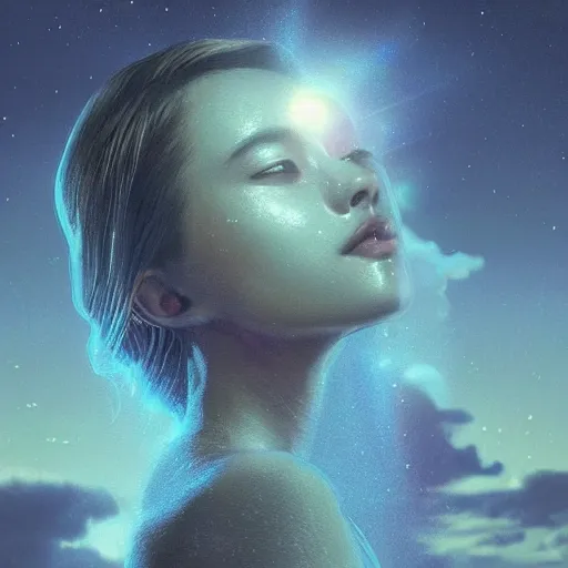 Image similar to sci - fi, close - up, 3 d, moon rays, night, sleepy fashion model face, cinematic, clouds, sun rays, vogue cover style, poster art, blue mood, realistic painting, intricate oil painting, high detail illustration, figurative art, multiple exposure, poster art, 3 d, by tooth wu and wlop and beeple and greg rutkowski