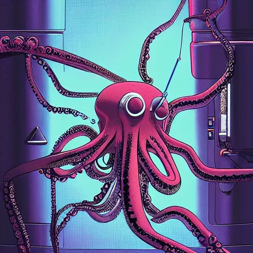 Image similar to robotic Octopus in an airlock, Industrial Scifi, detailed illustration, character portrait, by Martin Grip and Moebius