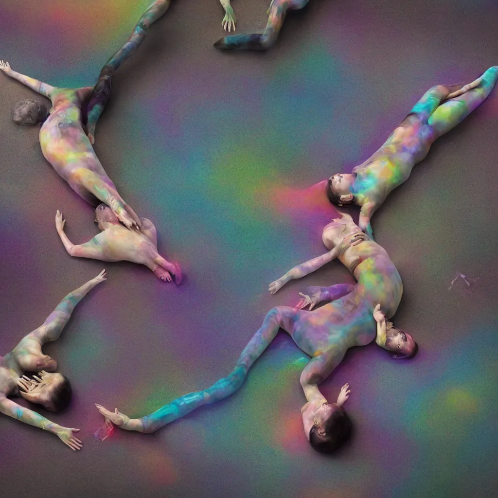 Image similar to overhead view of iridiscent oil slick and weird machines in wax with a woman's corpses with transparent pipes to a baby buried relaxing on yoga mat, faded, multicolored gradient, fog, smoke, depth of field, ultra realistic, very detailed, glitch, by nadav kander, matthew barney, 8 k hyper realistic detailed cinematic