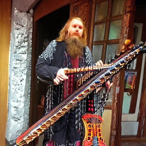 Image similar to Varg Virkenes as crazy bard, playing the nyckelharpa in his beautiful house, hyper detailed, hyper realistic, flavour of magick, full of earthly colours with some neon accents