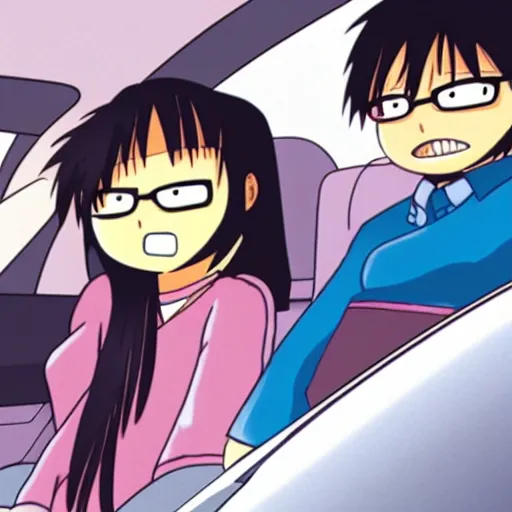 Prompt: Characters from Azumanga Daioh driving a car