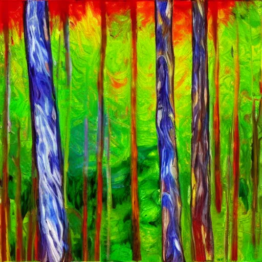 Image similar to a forest with green, blue, red tree trunks. acrylic of canvas, impressionist painting