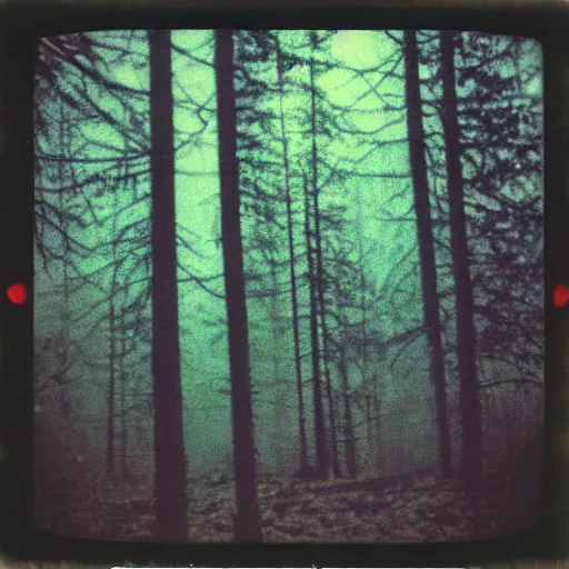 Image similar to glowing symbols on a tree in a forest clearing at night, old polaroid, expired film, blurry, lost footage, found footage, creepy,