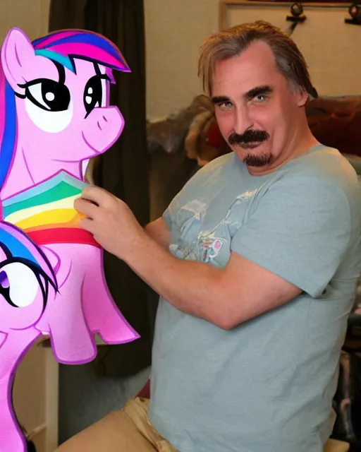 Image similar to fat mike lindell holding a my little pony print body pillow