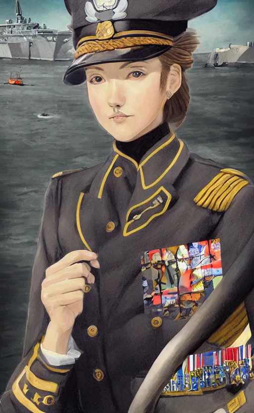 Prompt: portrait of a girl in admiral uniform, highly detailed, high resolution, military naval port in the background, the front of a modern trading card, illustration, character concept art, stunning, ijn style, matte, 100mm, by japanese artist shibafu, realistic human anatomy, world war 2 era, realistic warship design, digitally draw on wacom tablet, low saturation, small eyes, hard surfaces