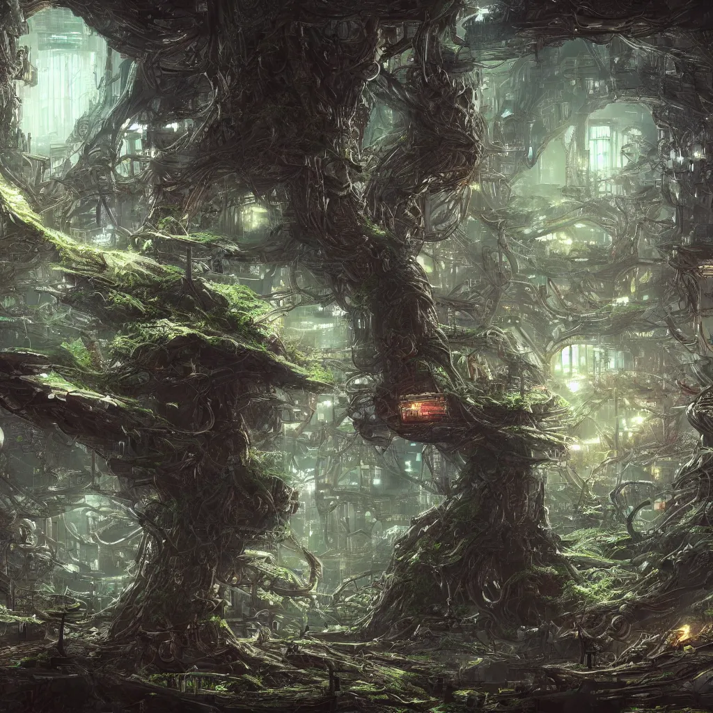 Prompt: yggdrasil growing in a dark forest where gears and electronic parts grow on the trees , cyberpunk landscape wallpaper, d&d art, fantasy, painted, 4k, high detail, sharp focus