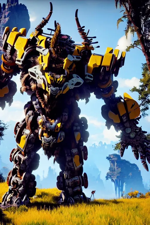 Prompt: a cinematic still from horizon zero dawn, yellow bumblebee mech, decepticon armor plating, octane render, nvidia raytracing demo, masterpiece, aged armor plating, aggressive head,