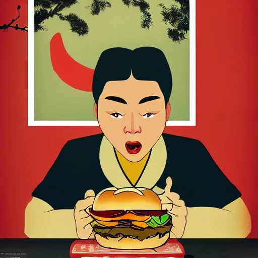 Image similar to ancient Chinese person eating a burger in communist propaganda poster. Artstation. High quality. 4k. Beautiful art.