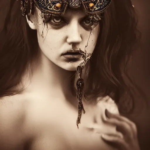 Image similar to a portrait of female model by stefan geselle, photorealistic, intricate details, hyper realistic, dark fantasy, ornate headpiece, dark beauty, photorealistic, canon r 3, photography, wide shot, photography, dark beauty