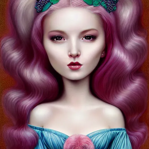 Image similar to a portrait of a beautiful woman with pink hair by mark ryden insanely quality, elegant, highly detailed, digital painting, artstation, concept art, pop, smooth, sharp focus, illustration, art by mark ryden and lisa frank 3 d 8 k ultra detailed