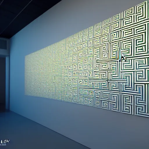 Image similar to : pattern maze sculpture art on the wall in modern architecture studio, cinematic lighting, hyper - realistic, detailed, render by c 4 d octane, unreal engine, 8 k 3 d render