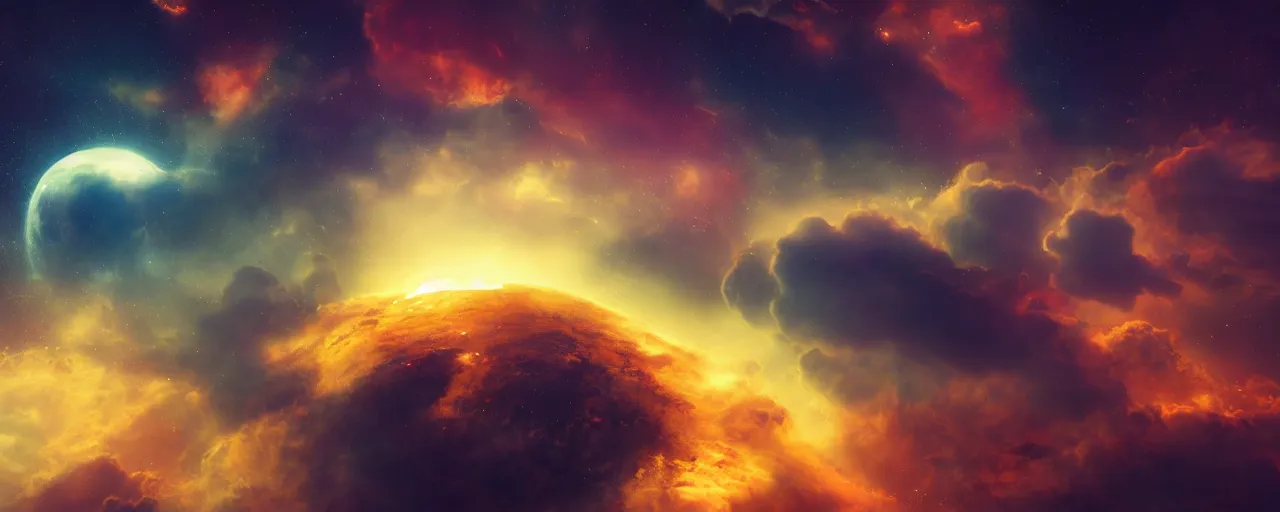 Image similar to warm colours, cinematic render of atmospheric deep space, volumetric lighting, cathrin machin