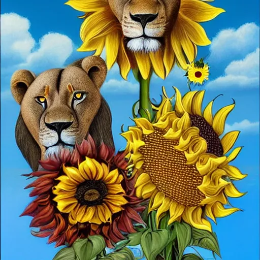 Image similar to lions and sunflowers 🌻🌫 in the style of salvador dali