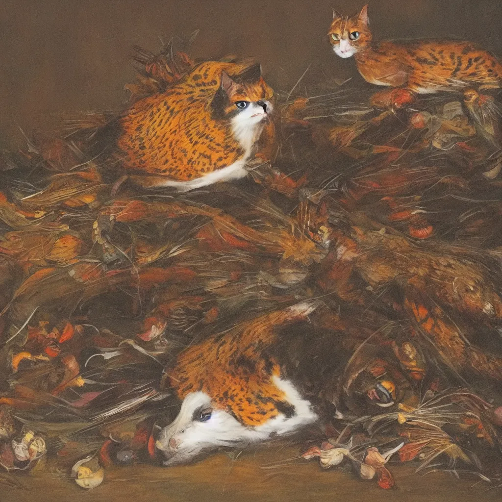 Prompt: one individual cat and pheasant mix, art gallery, art museum, 4k, 8k