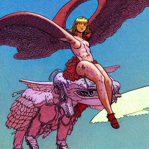 Image similar to a girl riding a winged demon flies over hell art by moebius