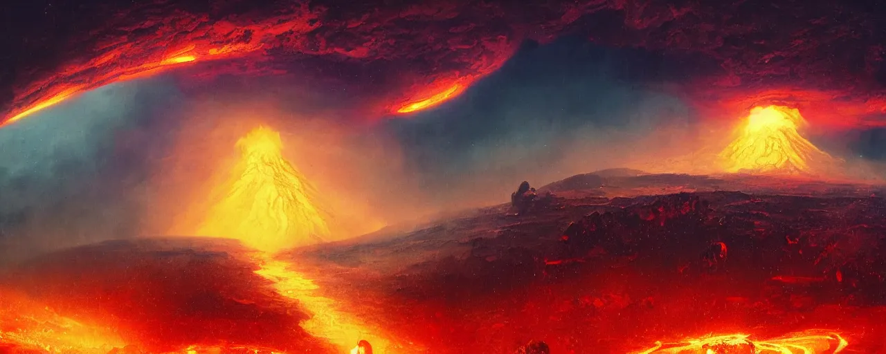 Prompt: ” outer planet with flowing rivers of magma, storm clouds and erupting volcanoes, [ art by paul lehr, cinematic, detailed, epic, widescreen, opening, establishing, mattepainting, photorealistic, realistic textures, octane render ] ”