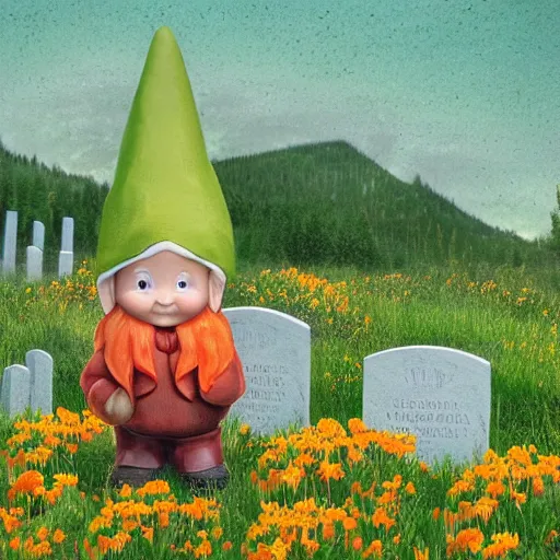 Image similar to landscape of Aspen Cemetery with a small orangish colored gnome who is cute and childlike with a hat and tabard leaning against a tombstones, fantasy, faerie, spirit, whimsical