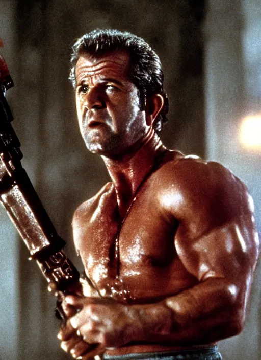 Image similar to film still of Mel Gibson as John McClane in Die Hard, 4k