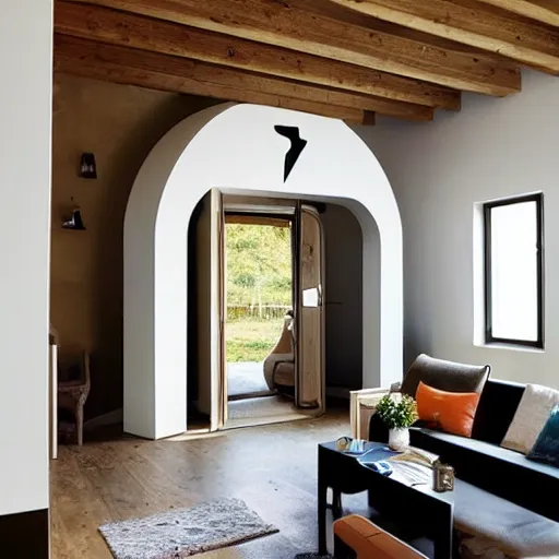 Image similar to a portal inside a living room, the portal leads directly to switzerland